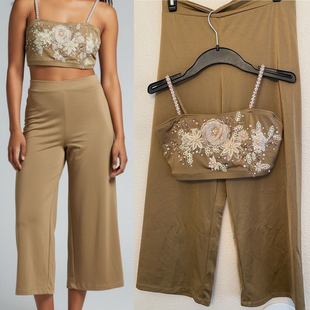 The Line up solo dance costume 2 piece tan culotte rhinestone top pants SA adult